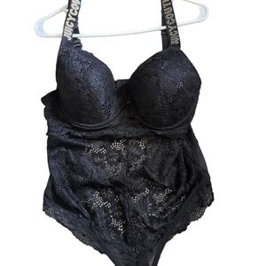 JUICY COUTURE Show Me Off black lace teddy padded bra one piece suit *flaws*